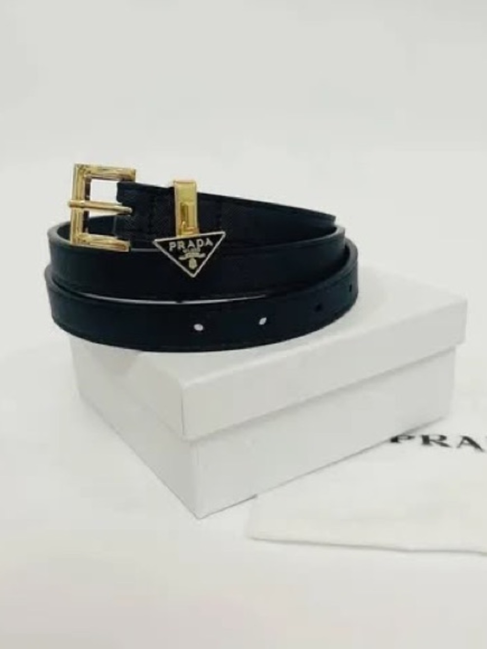 Prada Black Leather Belt with Gold-Tone Buckle and Logo Plaque